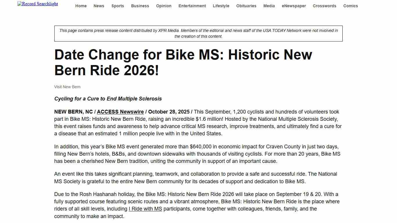 Date Change for Bike MS: Historic New Bern Ride 2026! - Redding Record Searchlight